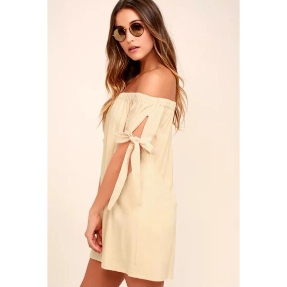 Lulus Al Fresco Evenings Beige Off-the-Shoulder mini Dress size Small - Picture 7 of 7